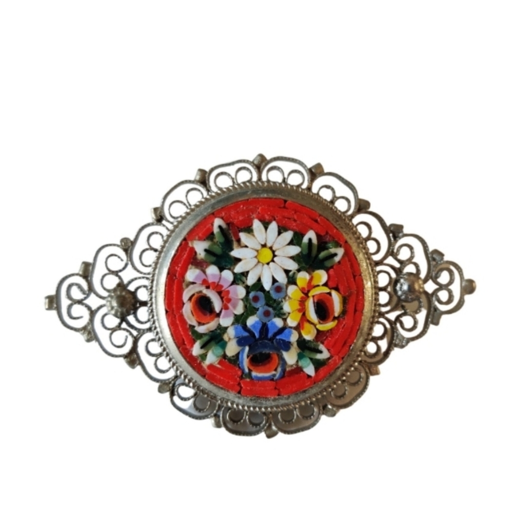 Vintage Floral Mosaic Italy Filigree Brooch